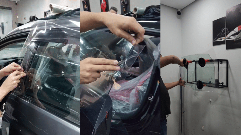 Aplicação de película anti-vandalismo automotiva no Tatuapé pela Auto Music Sound